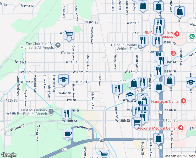 map of restaurants, bars, coffee shops, grocery stores, and more near 1407 Mulberry Avenue in Anniston