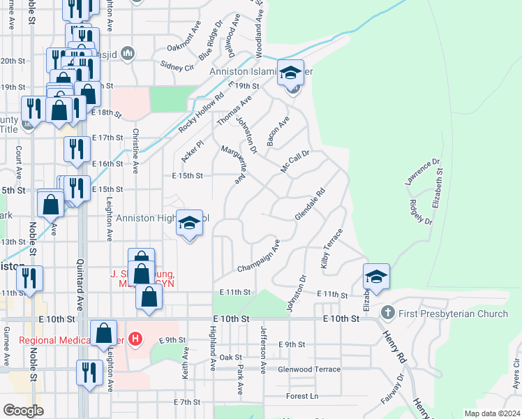map of restaurants, bars, coffee shops, grocery stores, and more near 1201 Glendale Road in Anniston