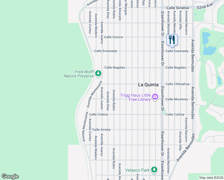 map of restaurants, bars, coffee shops, grocery stores, and more near 53105 Avenue Rubio in La Quinta