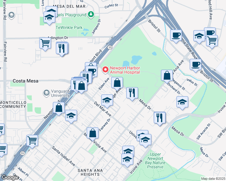 map of restaurants, bars, coffee shops, grocery stores, and more near 2669 Orange Avenue in Costa Mesa