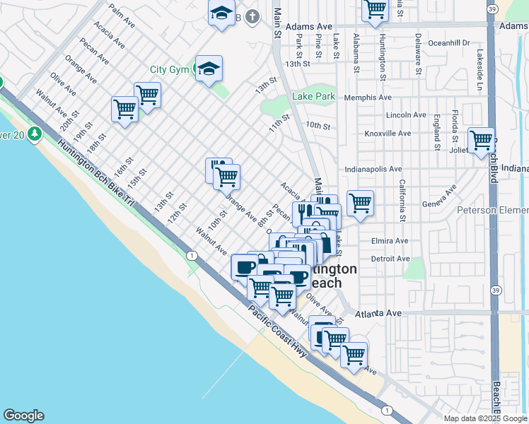 map of restaurants, bars, coffee shops, grocery stores, and more near 7141 Bluesails Drive in Huntington Beach