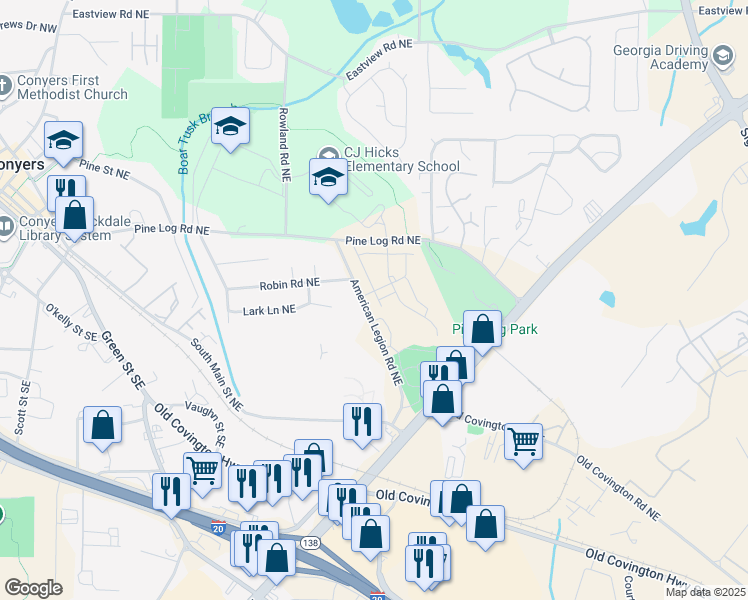 map of restaurants, bars, coffee shops, grocery stores, and more near 870 American Legion Road Northeast in Conyers