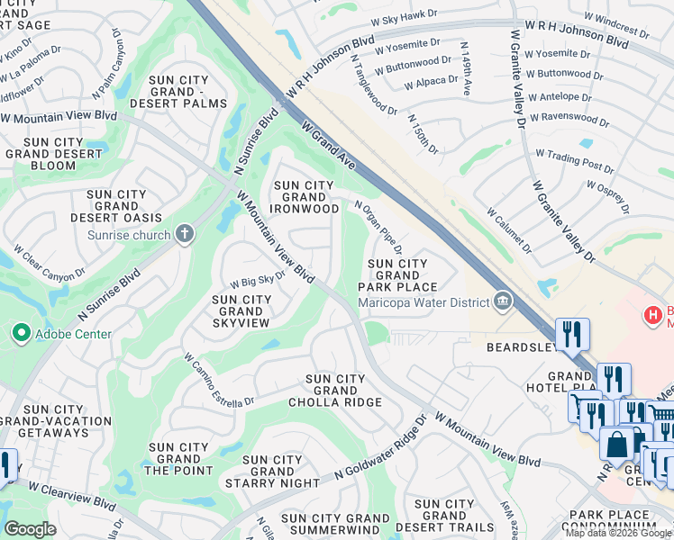 map of restaurants, bars, coffee shops, grocery stores, and more near 19931 North Golden Barrel Drive in Surprise