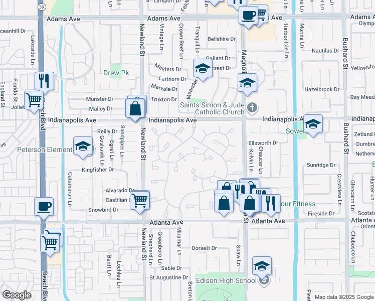map of restaurants, bars, coffee shops, grocery stores, and more near 8646 Butte Circle in Huntington Beach