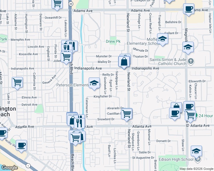 map of restaurants, bars, coffee shops, grocery stores, and more near 20642 Goshawk Lane in Huntington Beach