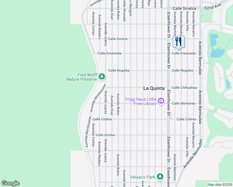 map of restaurants, bars, coffee shops, grocery stores, and more near 53105 Avenue Rubio in La Quinta