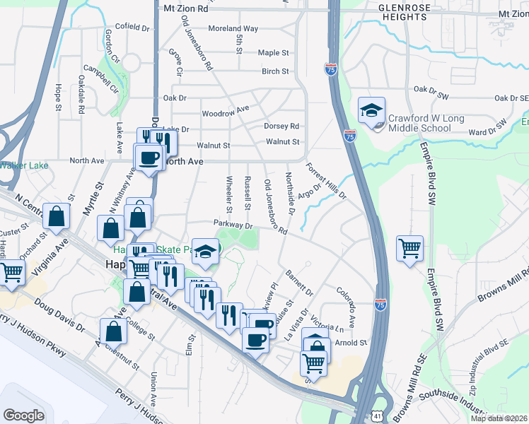 map of restaurants, bars, coffee shops, grocery stores, and more near 3371 Old Jonesboro Road in Hapeville