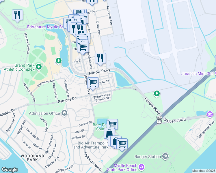 map of restaurants, bars, coffee shops, grocery stores, and more near 738 Shine Avenue in Myrtle Beach