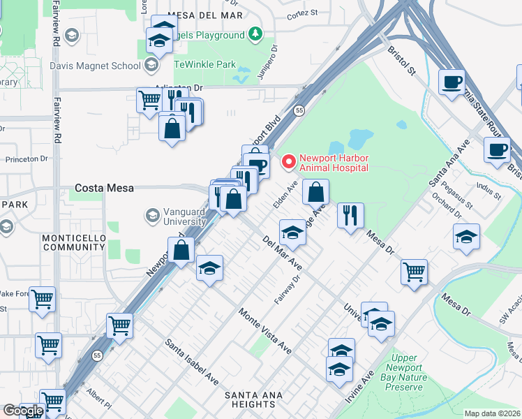 map of restaurants, bars, coffee shops, grocery stores, and more near 2625 Elden Avenue in Costa Mesa