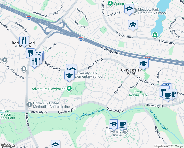 map of restaurants, bars, coffee shops, grocery stores, and more near 4581 Green Tree Lane in Irvine