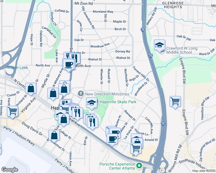 map of restaurants, bars, coffee shops, grocery stores, and more near 3323 Russell Street in Atlanta
