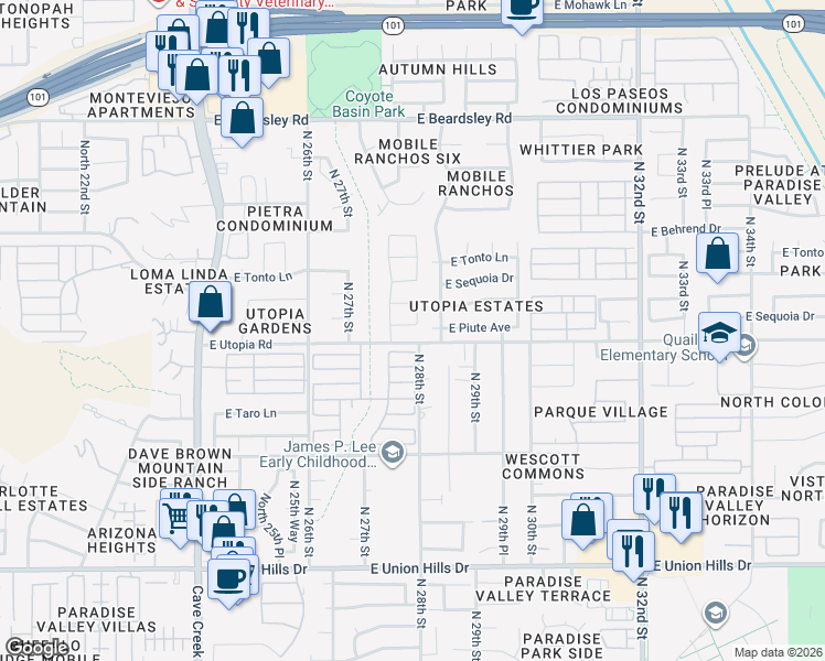 map of restaurants, bars, coffee shops, grocery stores, and more near 2744 East Utopia Road in Phoenix