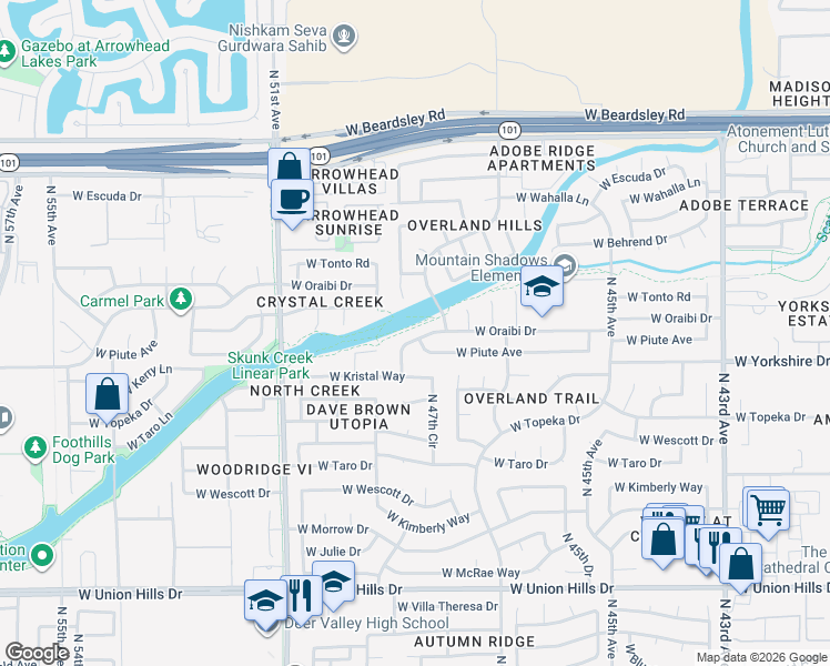 map of restaurants, bars, coffee shops, grocery stores, and more near 4778 W Oraibi Dr in Glendale