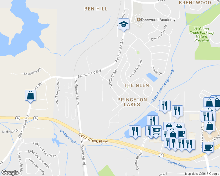 map of restaurants, bars, coffee shops, grocery stores, and more near 3273 Saville St SW in Atlanta