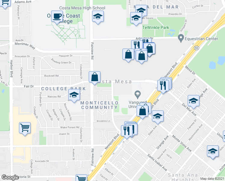 map of restaurants, bars, coffee shops, grocery stores, and more near Vanguard Way & Clearbrook Lane in Costa Mesa