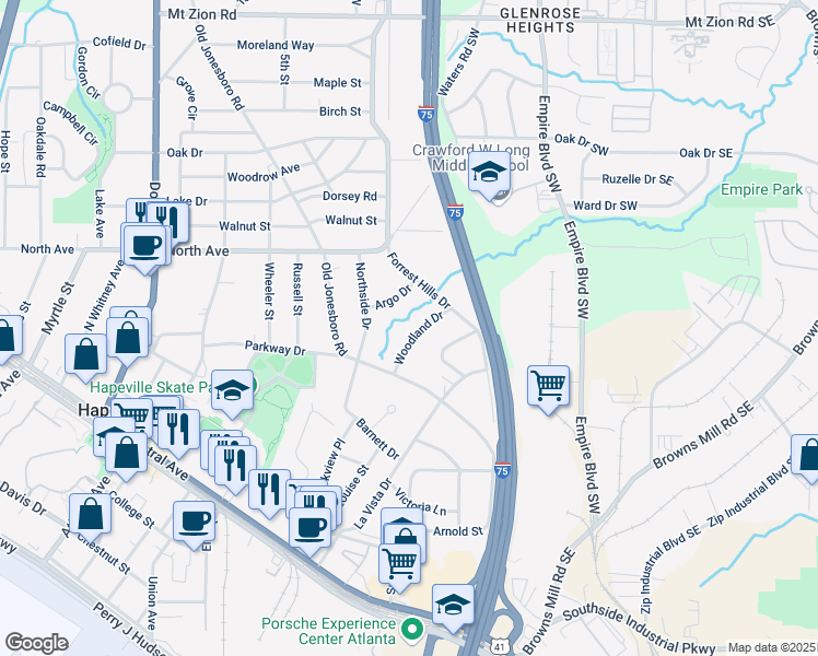 map of restaurants, bars, coffee shops, grocery stores, and more near 2125 Woodland Drive in Hapeville