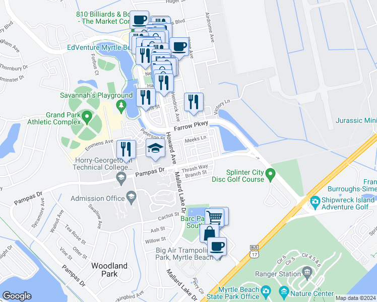 map of restaurants, bars, coffee shops, grocery stores, and more near 766 Murray Avenue in Myrtle Beach