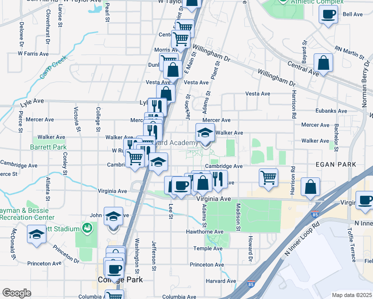 map of restaurants, bars, coffee shops, grocery stores, and more near 1610 West Rugby Avenue in College Park