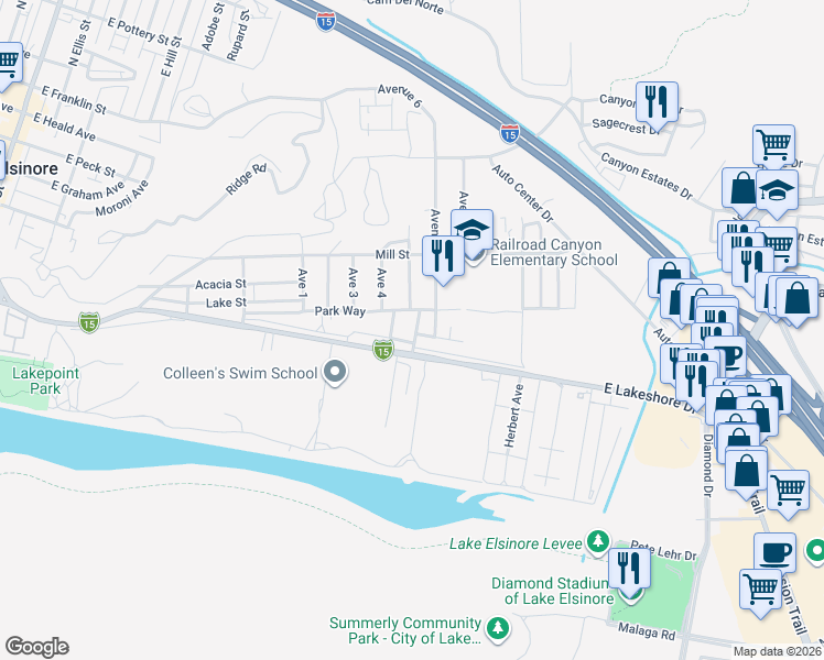 map of restaurants, bars, coffee shops, grocery stores, and more near 221 Avenue 6 in Lake Elsinore