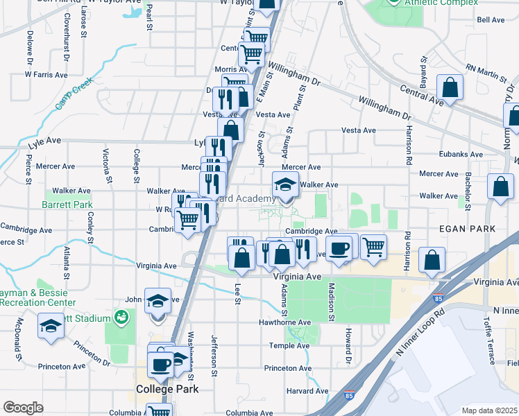 map of restaurants, bars, coffee shops, grocery stores, and more near 1610 West Rugby Avenue in College Park