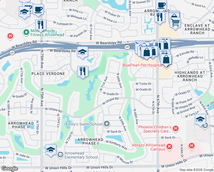 map of restaurants, bars, coffee shops, grocery stores, and more near 7015 West Behrend Drive in Glendale