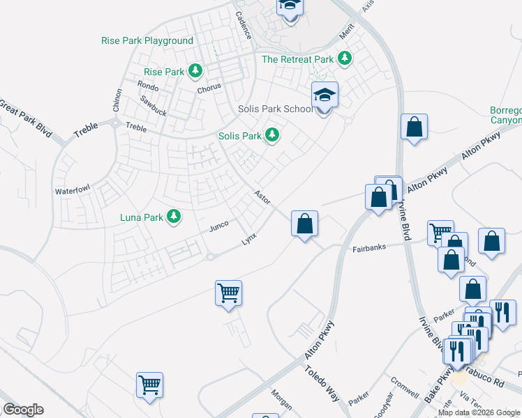 map of restaurants, bars, coffee shops, grocery stores, and more near El Toro Boulevard in Irvine