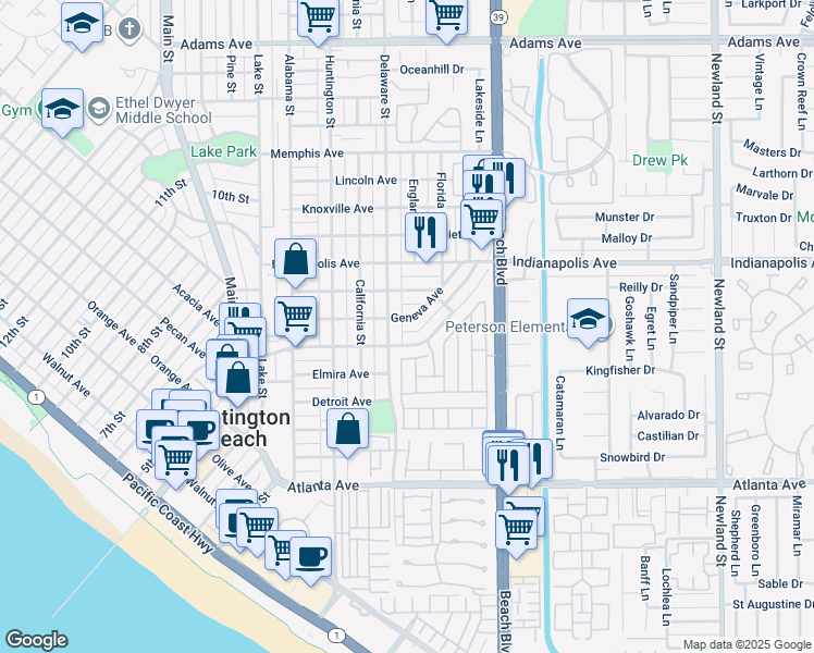 map of restaurants, bars, coffee shops, grocery stores, and more near 602 Geneva Avenue in Huntington Beach