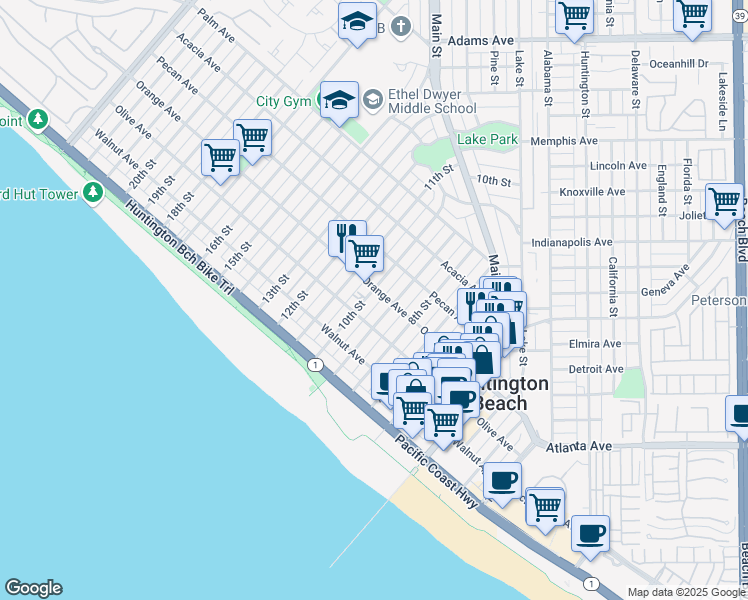 map of restaurants, bars, coffee shops, grocery stores, and more near 403 9th Street in Huntington Beach