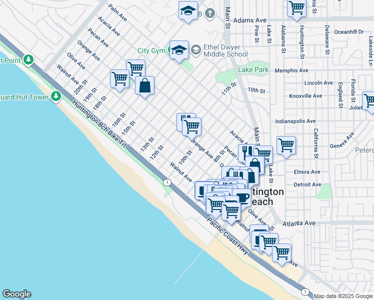 map of restaurants, bars, coffee shops, grocery stores, and more near 310 11th Street in Huntington Beach