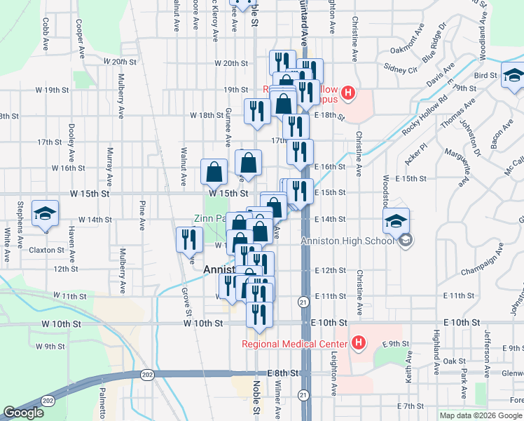 map of restaurants, bars, coffee shops, grocery stores, and more near 1400 Noble Street in Anniston