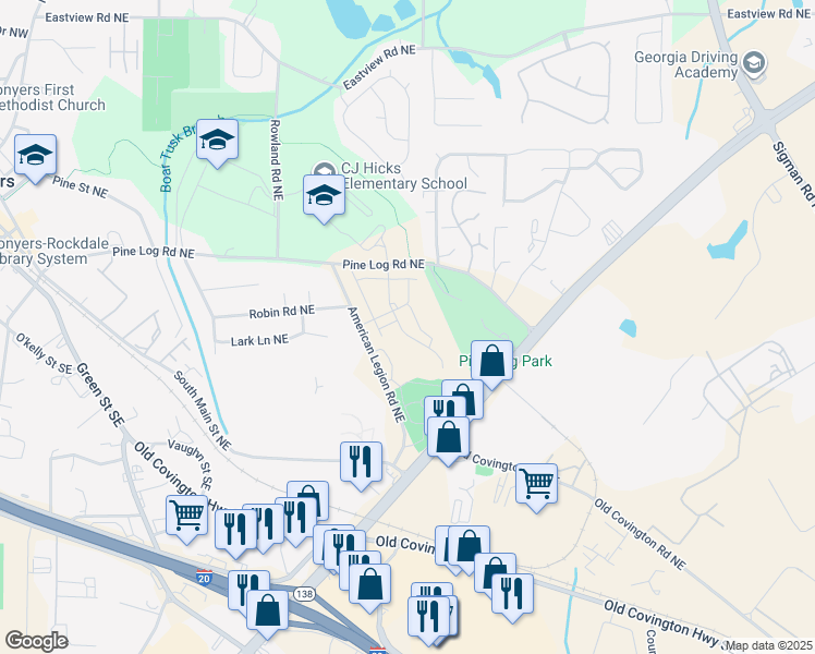 map of restaurants, bars, coffee shops, grocery stores, and more near 677 American Legion Road Northeast in Conyers