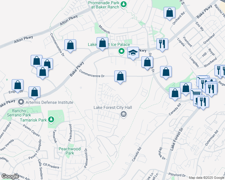map of restaurants, bars, coffee shops, grocery stores, and more near 295 Carmona in Lake Forest