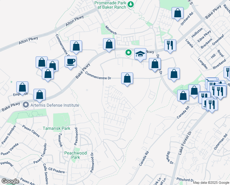 map of restaurants, bars, coffee shops, grocery stores, and more near 295 Carmona in Lake Forest