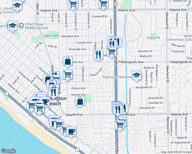 map of restaurants, bars, coffee shops, grocery stores, and more near 602 Geneva Avenue in Huntington Beach