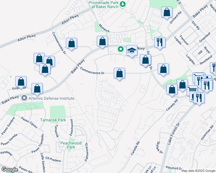 map of restaurants, bars, coffee shops, grocery stores, and more near 122 Denali in Lake Forest
