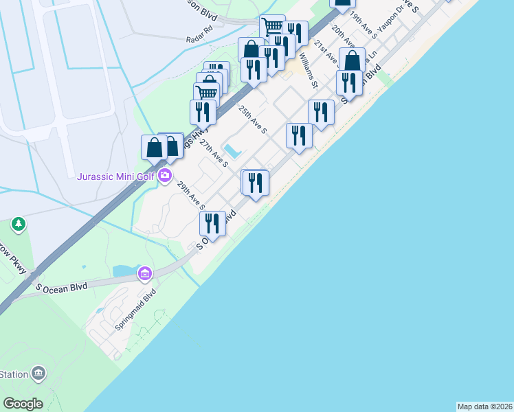 map of restaurants, bars, coffee shops, grocery stores, and more near 2701 South Ocean Boulevard in Myrtle Beach