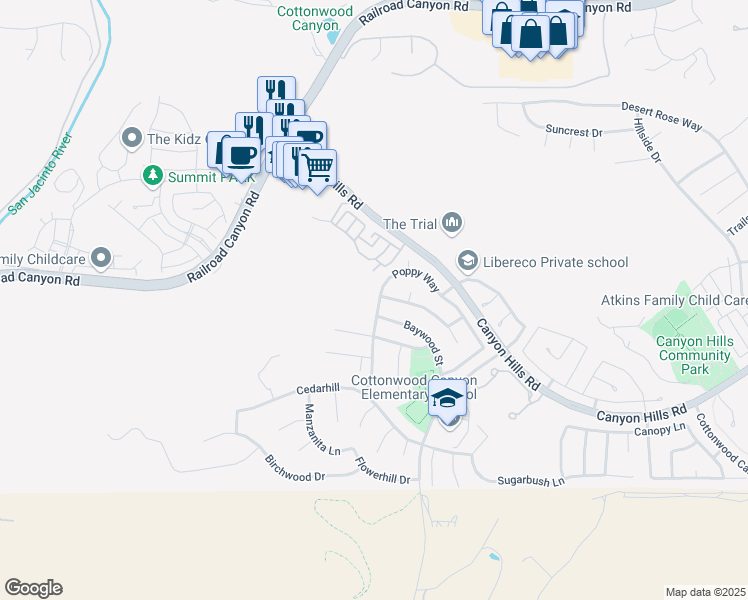 map of restaurants, bars, coffee shops, grocery stores, and more near 32008 Poppy Way in Lake Elsinore