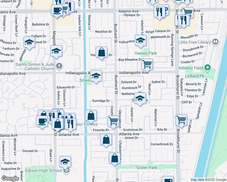map of restaurants, bars, coffee shops, grocery stores, and more near 9451 Harcourt Circle in Huntington Beach