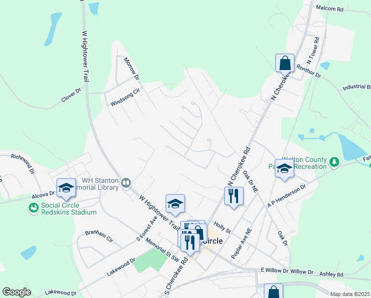 map of restaurants, bars, coffee shops, grocery stores, and more near 141 Park Place Trail in Social Circle