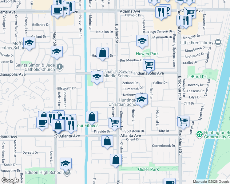 map of restaurants, bars, coffee shops, grocery stores, and more near 9451 Harcourt Circle in Huntington Beach
