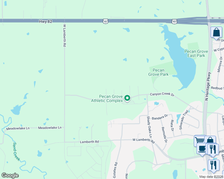 map of restaurants, bars, coffee shops, grocery stores, and more near 2812 Fawnwood Court in Sherman