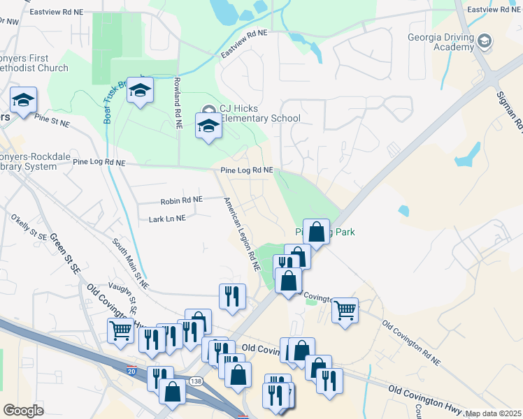 map of restaurants, bars, coffee shops, grocery stores, and more near 677 American Legion Road Northeast in Conyers