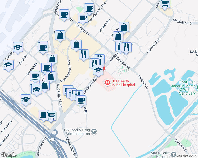 map of restaurants, bars, coffee shops, grocery stores, and more near 19262 Jamboree Road in Irvine