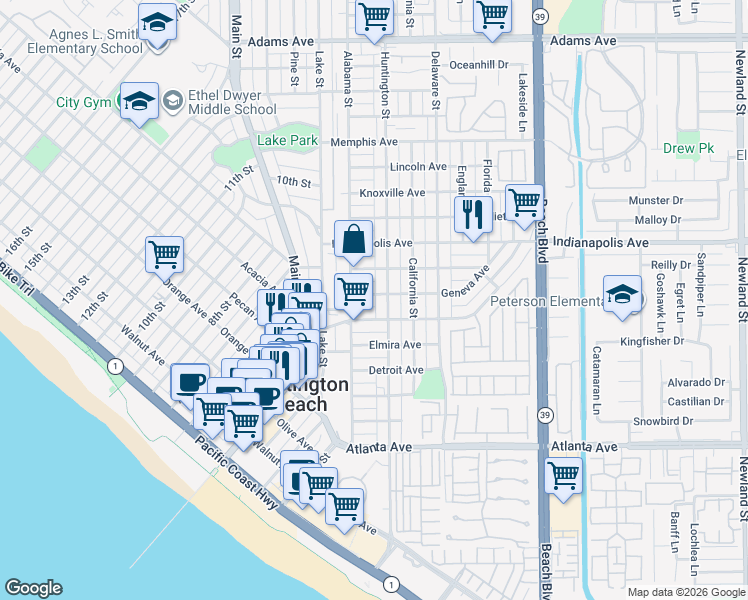 map of restaurants, bars, coffee shops, grocery stores, and more near 220 Geneva Avenue in Huntington Beach