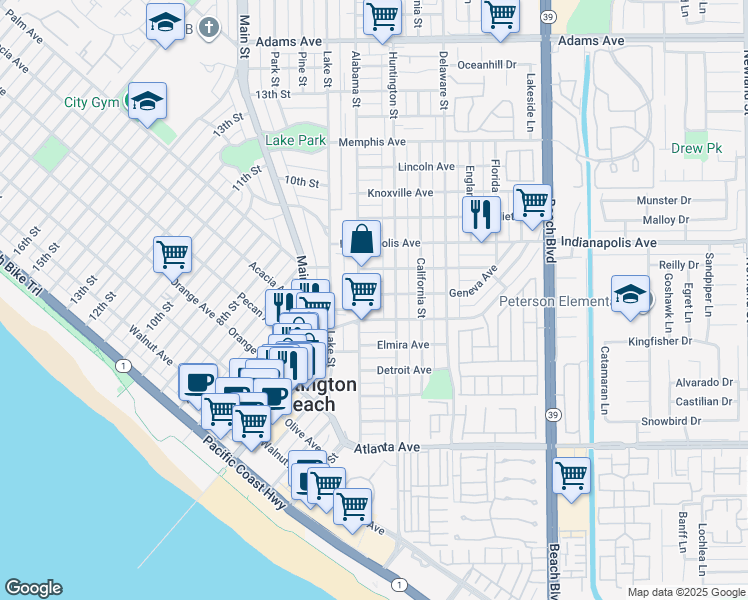 map of restaurants, bars, coffee shops, grocery stores, and more near 212 Geneva Avenue in Huntington Beach