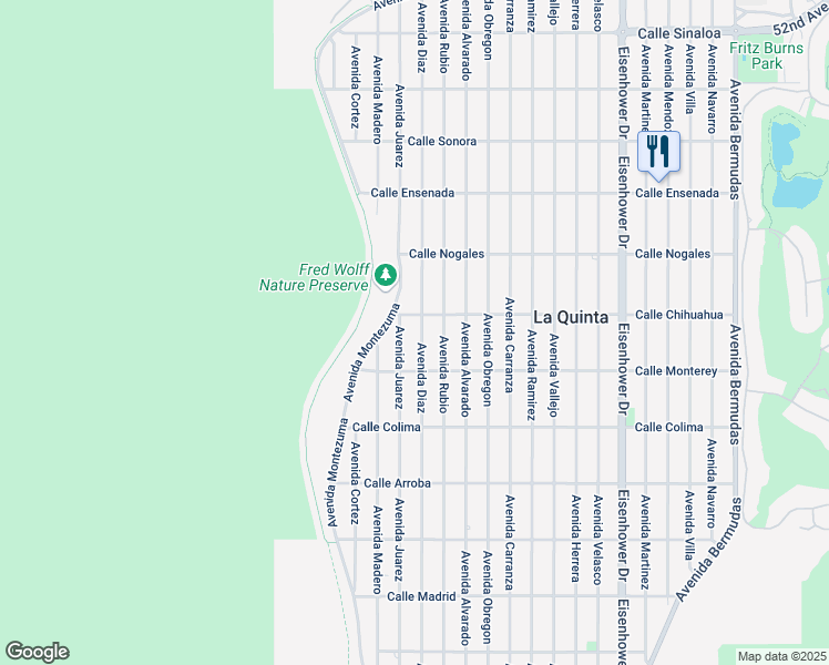 map of restaurants, bars, coffee shops, grocery stores, and more near 53065 Avenida Diaz in La Quinta