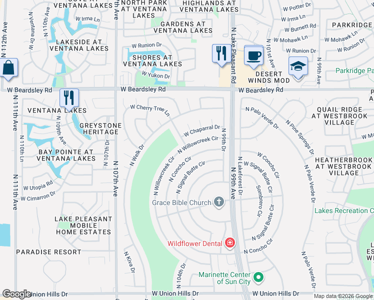 map of restaurants, bars, coffee shops, grocery stores, and more near 19801 North Willowcreek Circle in Sun City