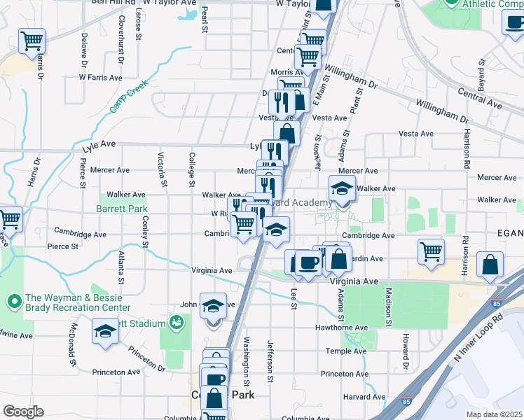 map of restaurants, bars, coffee shops, grocery stores, and more near 1771 West Rugby Avenue in Atlanta