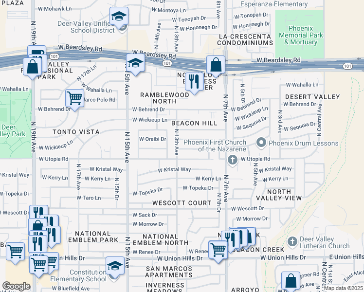 map of restaurants, bars, coffee shops, grocery stores, and more near 1202 West Piute Avenue in Phoenix