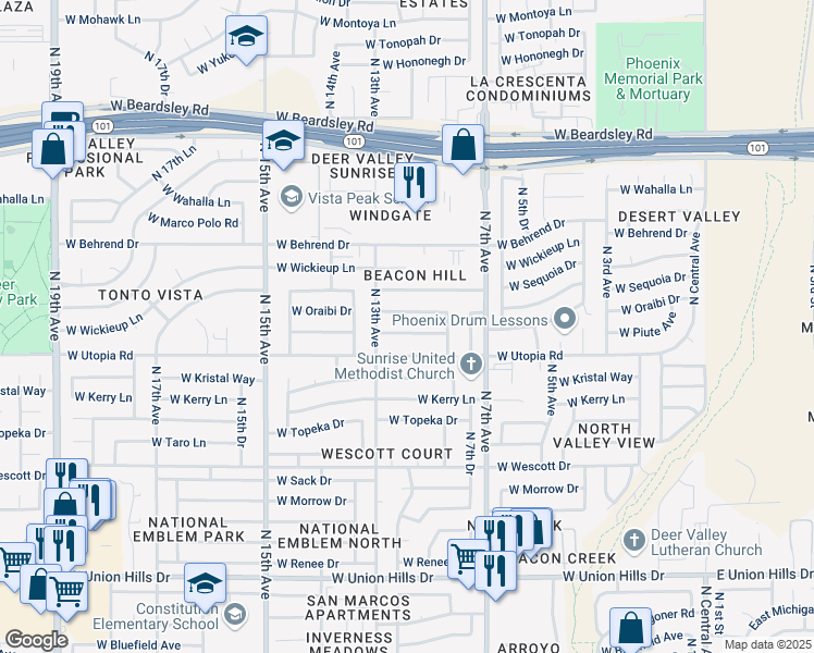map of restaurants, bars, coffee shops, grocery stores, and more near 1008 West Piute Avenue in Phoenix